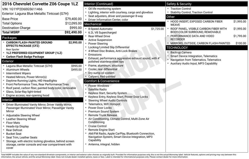 2016 Chevrolet Corvette Z06 Z06 1LZ